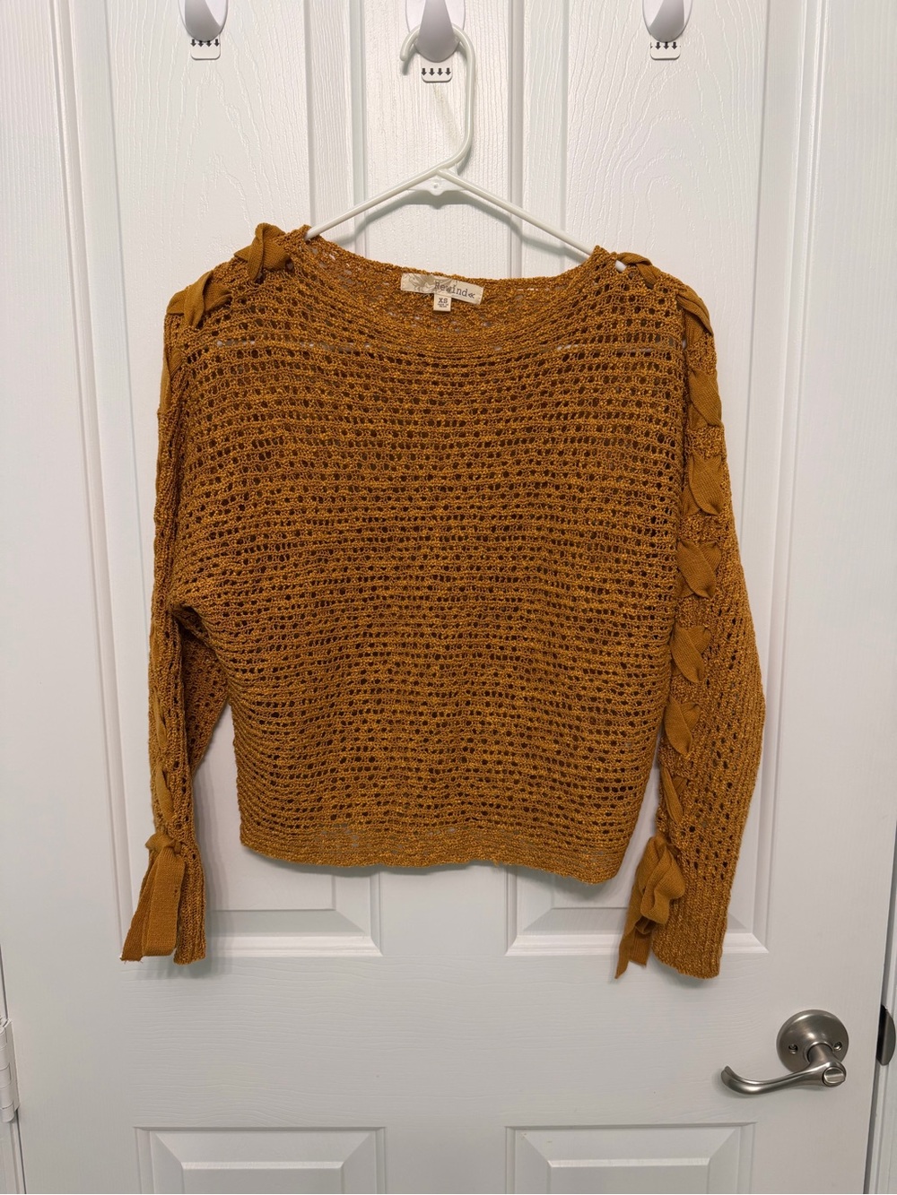 Rewind Burnt Orange Open-Knit Sweater with Lace-Up Sleeves